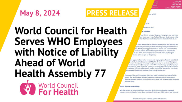 World Council for Health Serves WHO Employees with Notice of Liability Ahead of World Health Assembly 77